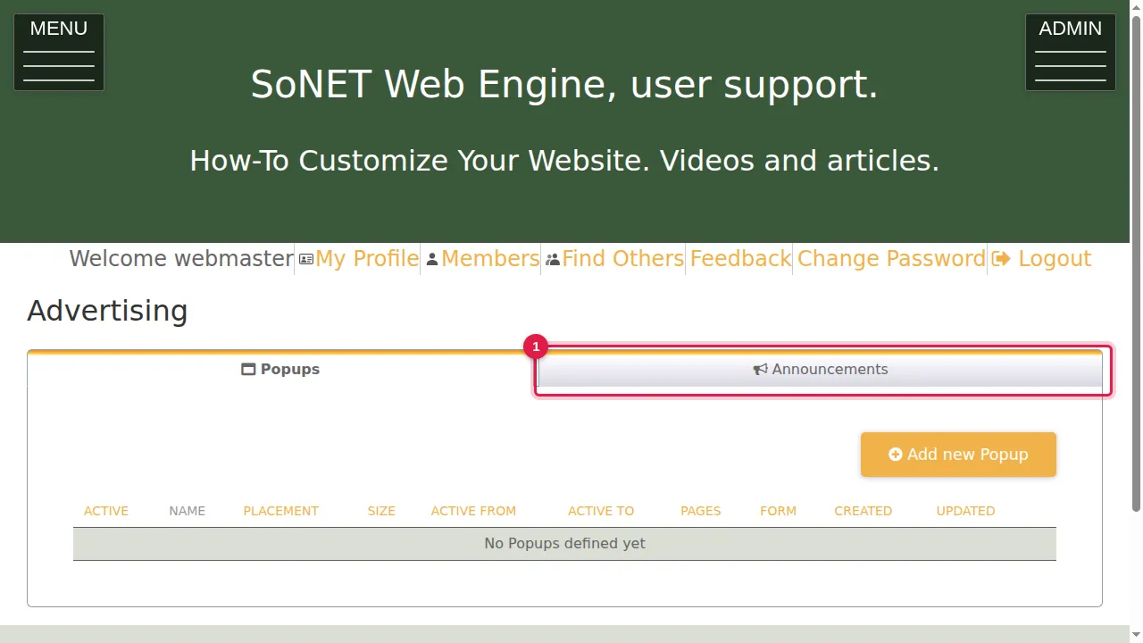 Step 1: Click the Announcements tab.