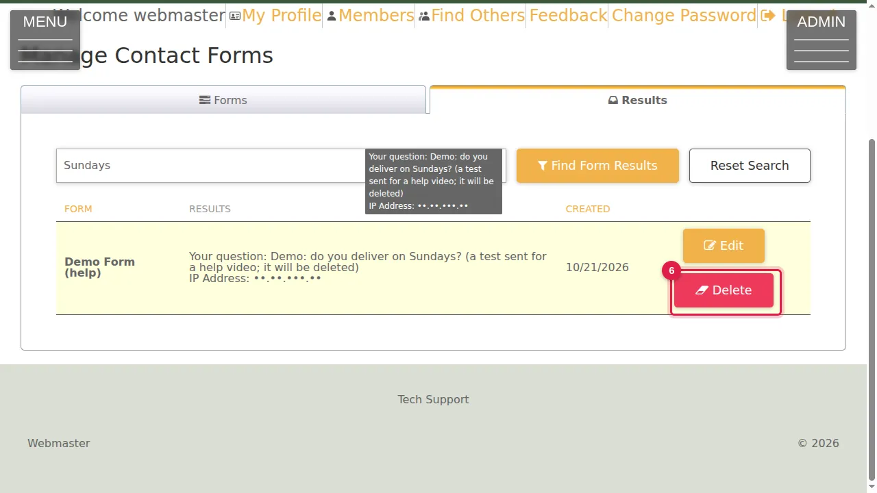 Step 6: Delete removes a result after you confirm.