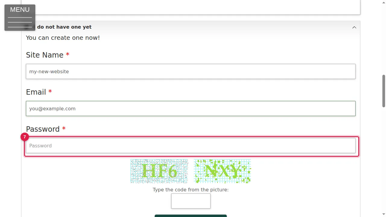 Step 7: Choose a password for your new website.