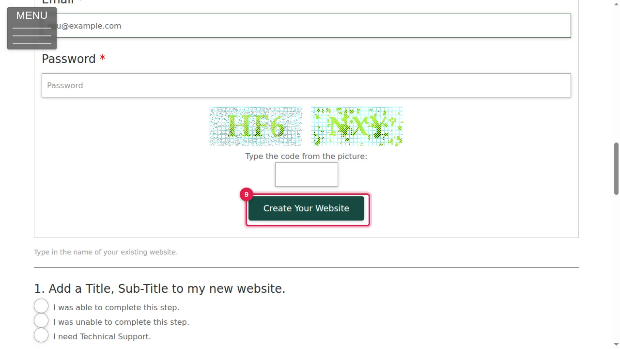 Step 9: Click Create Your Website. When it is ready, the form says "Congrats! You've got new website.", with a link to start customizing it, and puts the new website's address into the first question for you. (In this video the button is not clicked, so no website is created.)