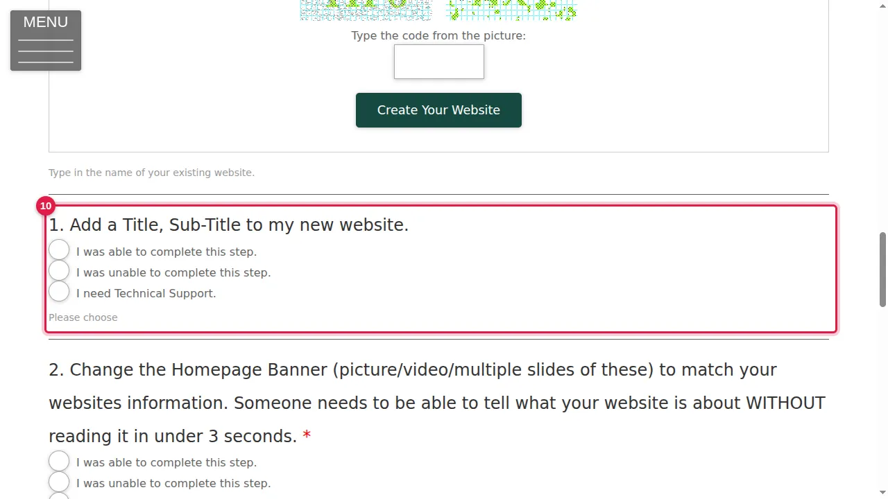 Step 10: Below are the five setup tasks: add a title and subtitle, change the home page banner, add at least 300 words to your home page, fill in the SEO settings and set up your app (PWA). After each one, choose "I was able to complete this step", "I was unable to complete this step" or "I need Technical Support".