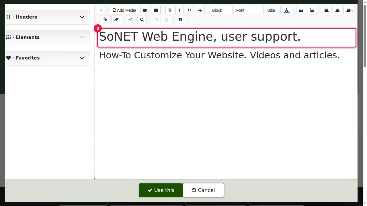 Step 3: The header editor opens. Click at the end of the title line, select the old title and type your new one.