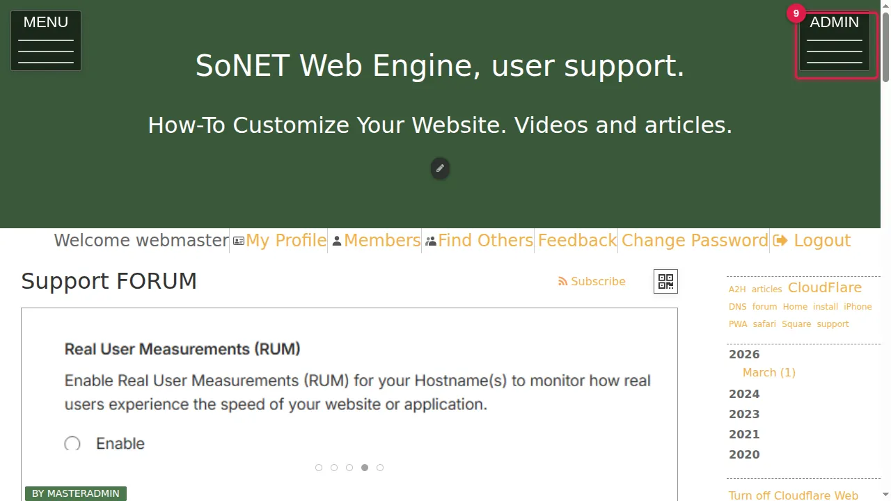 Step 9: To change the header of all other pages at once, click ADMIN at the top right.