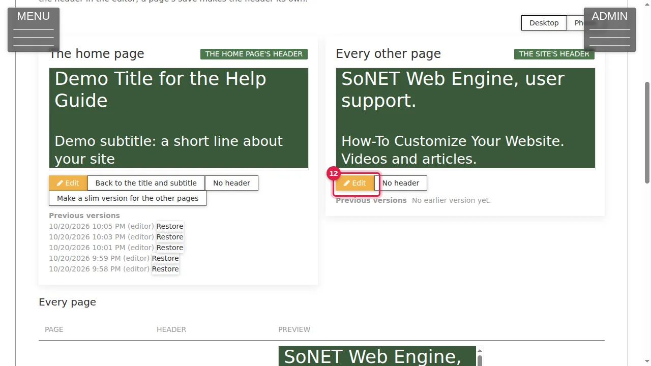 Step 12: Under "Every other page", click Edit. The same header editor opens: change the title and subtitle and click Use this. Every page that does not have a header of its own then shows it.