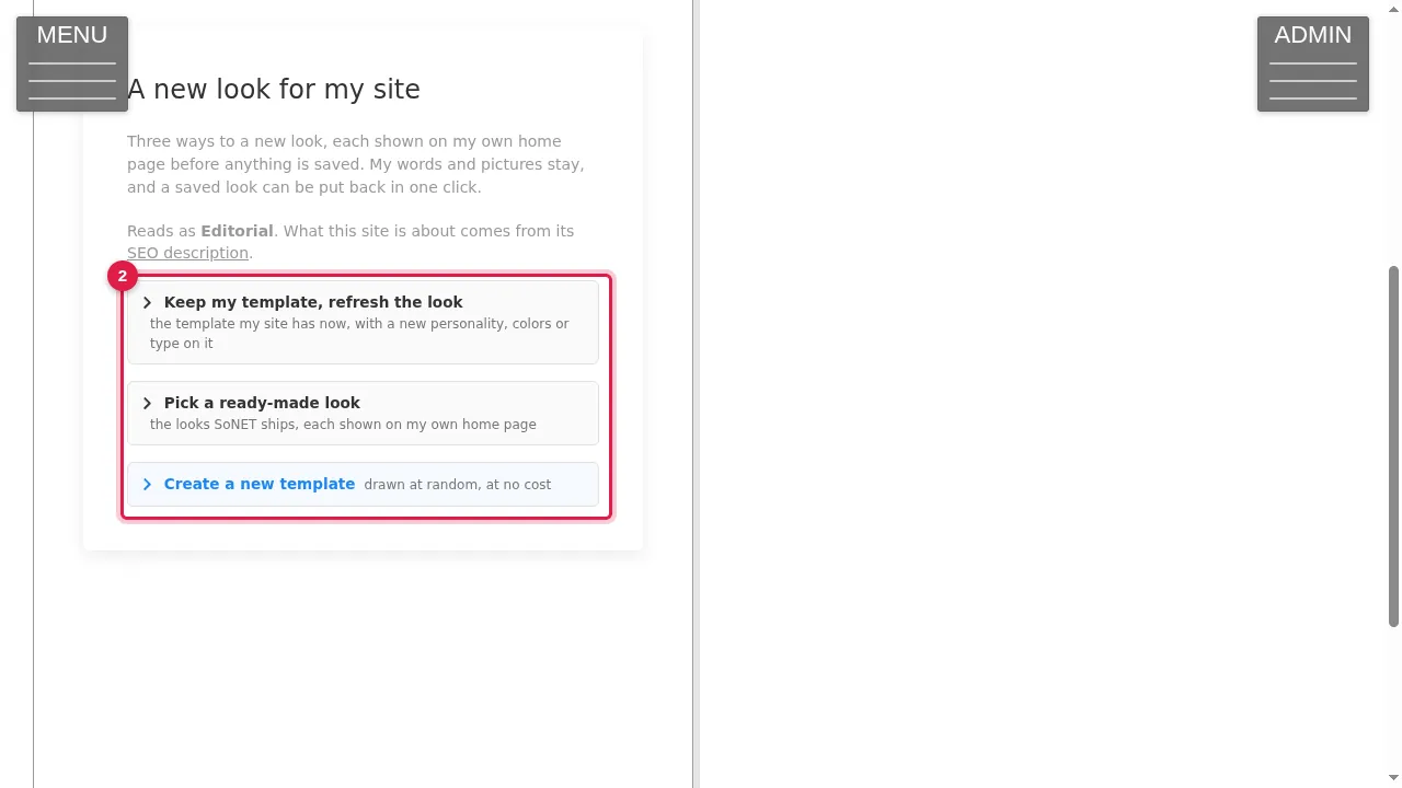 Step 2: "A new look for my site" offers three ways. Above them it says how it reads your site (here "Editorial"), taken from your SEO description.