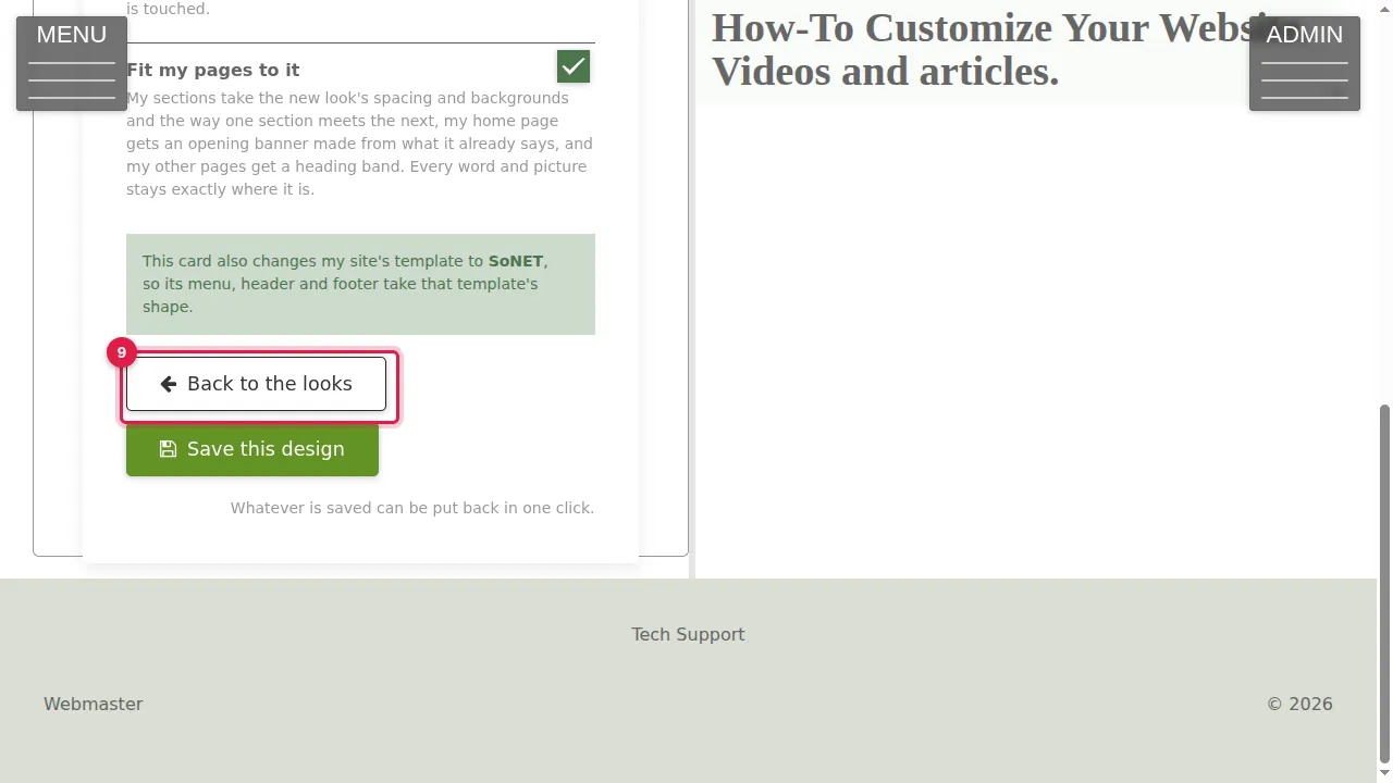 Step 9: Back to the looks returns to the choices without changing anything.