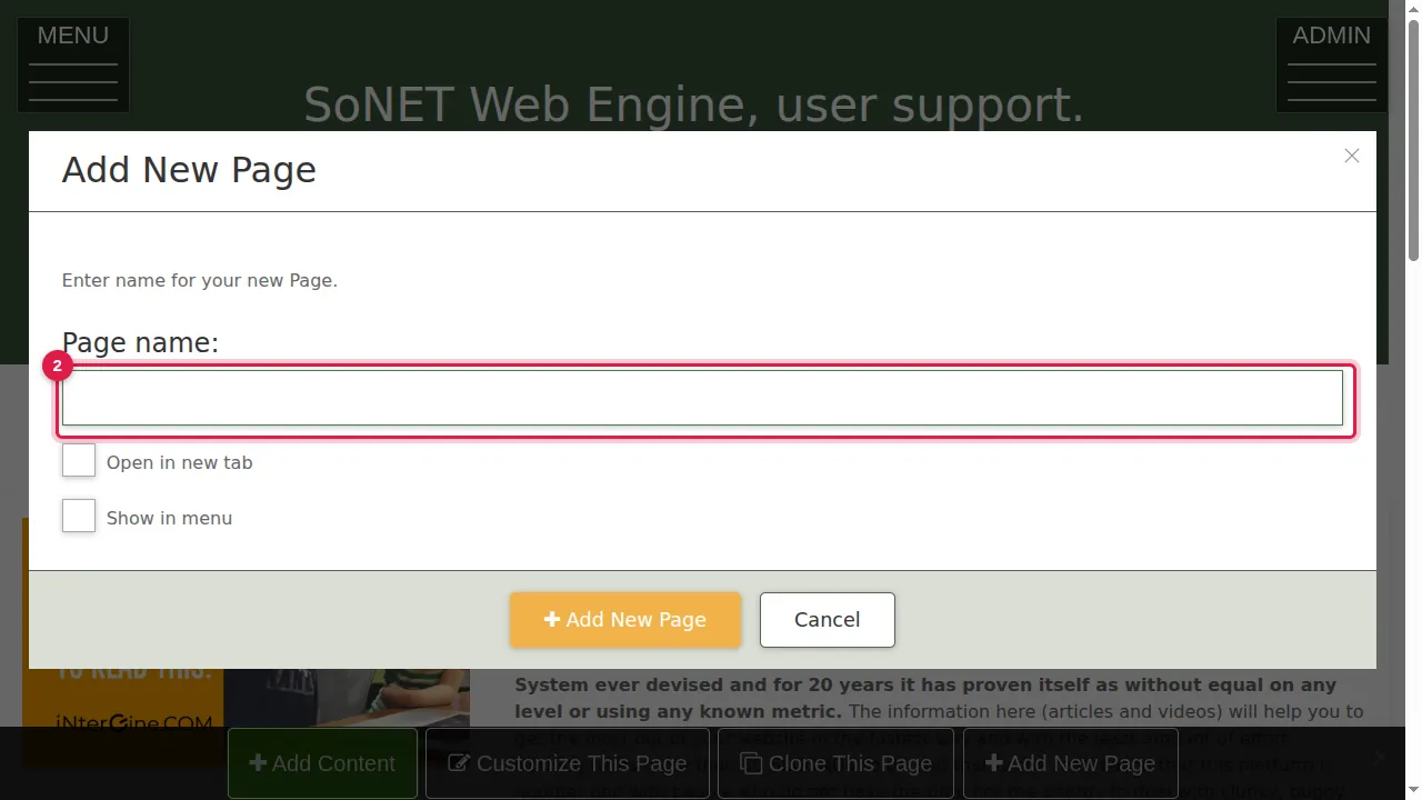 Step 2: Type a name for the page. The name becomes the page's title and its address ("Demo Page" becomes /p/Demo-Page).