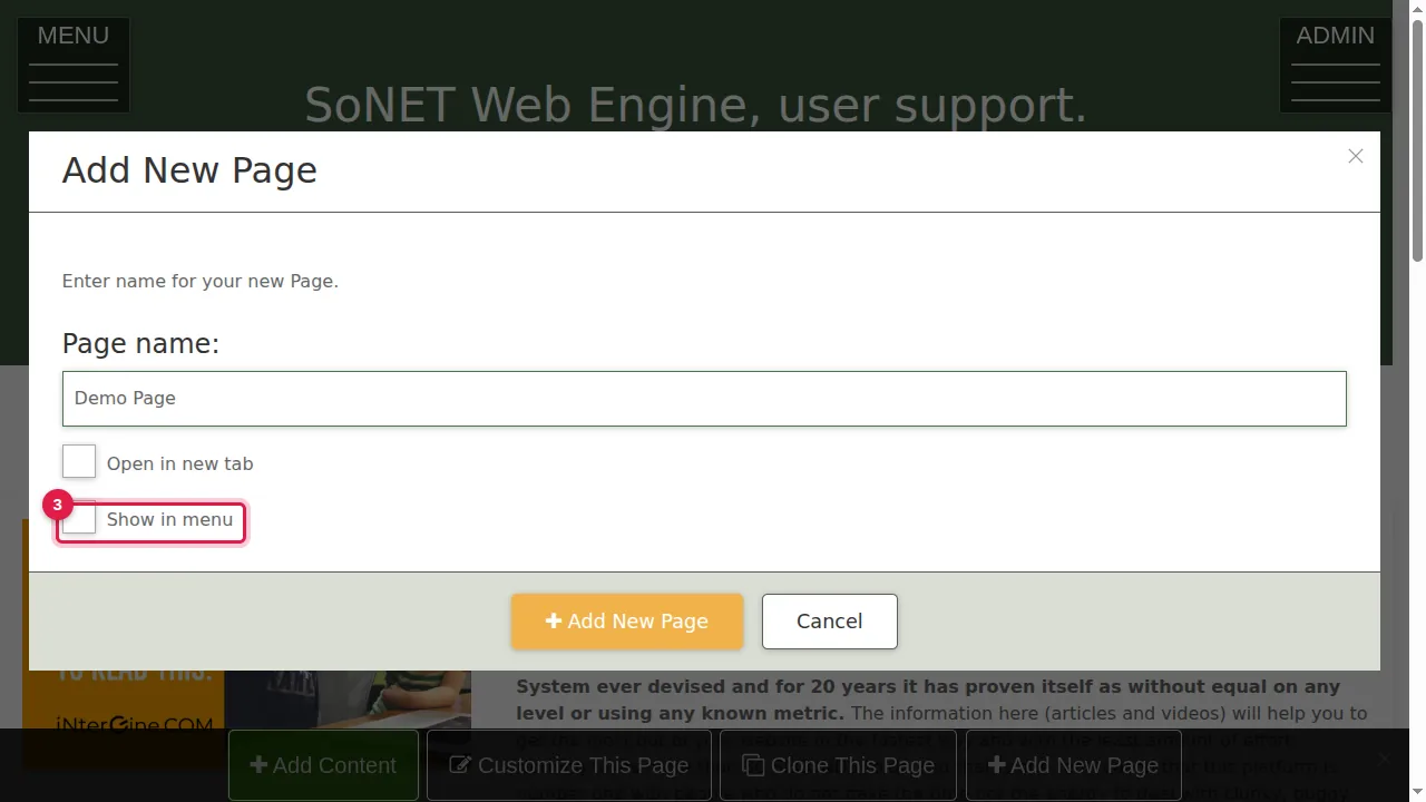 Step 3: Tick "Show in menu" if visitors should find the page in your MENU.