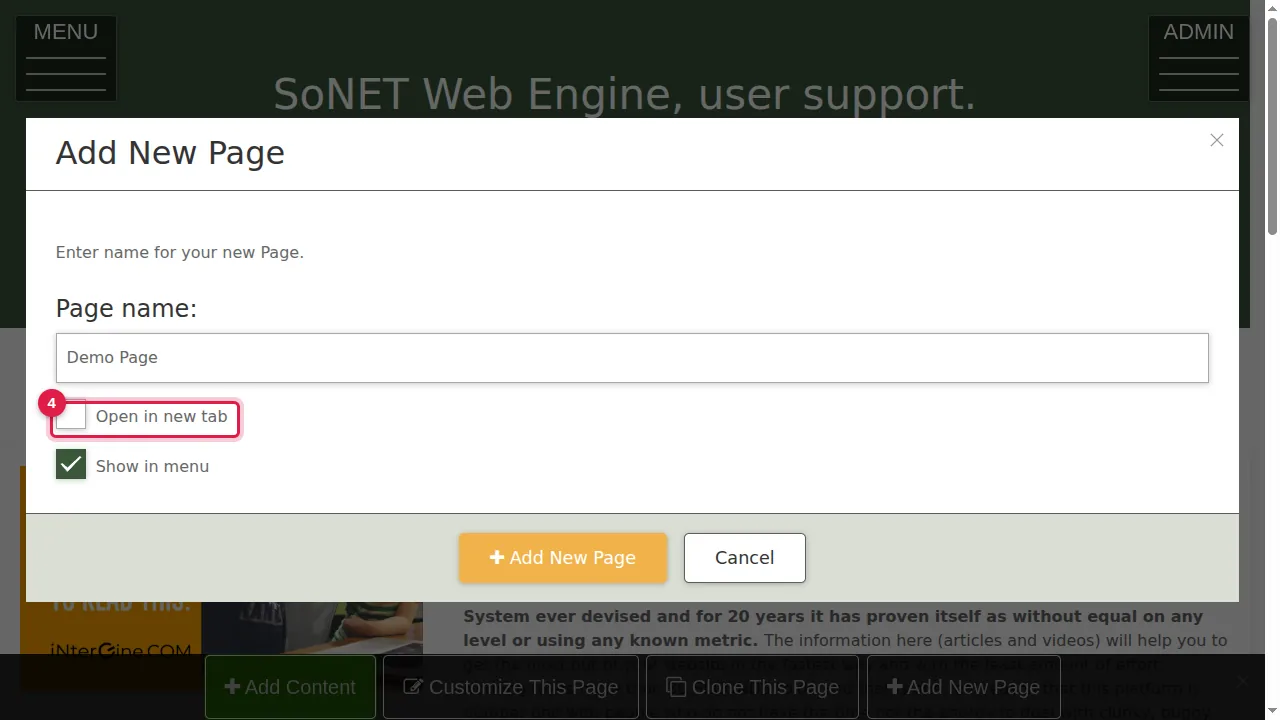 Step 4: Tick "Open in new tab" only if the menu should open this page in a new browser tab.