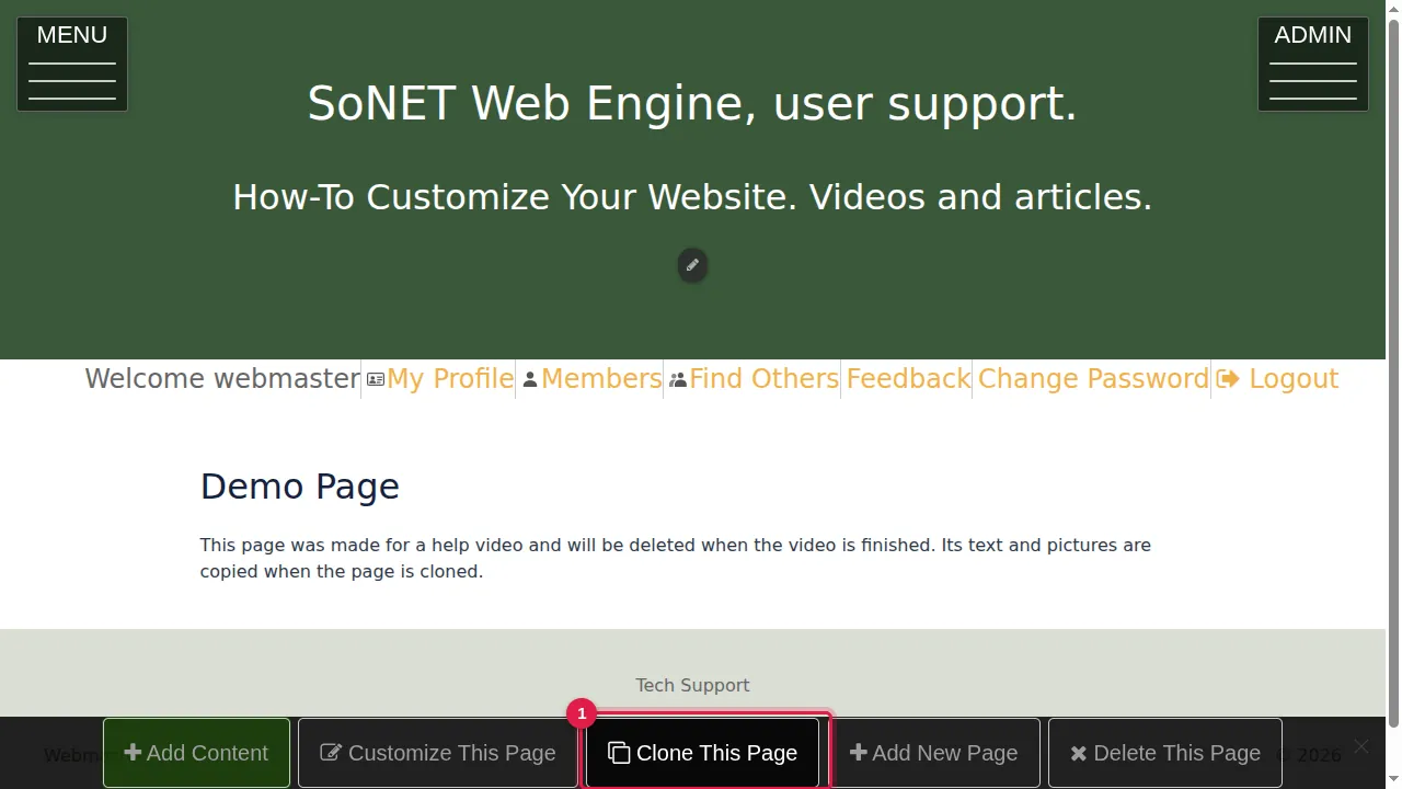 Step 1: On the page you want to copy, click Clone This Page in the bar at the bottom.