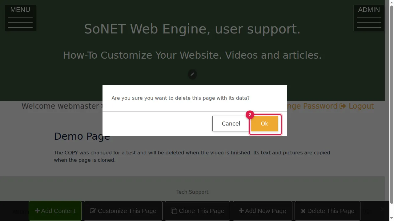 Step 2: The website asks "Are you sure you want to delete this page with its data?". Click Ok to delete it, or Cancel to keep it.