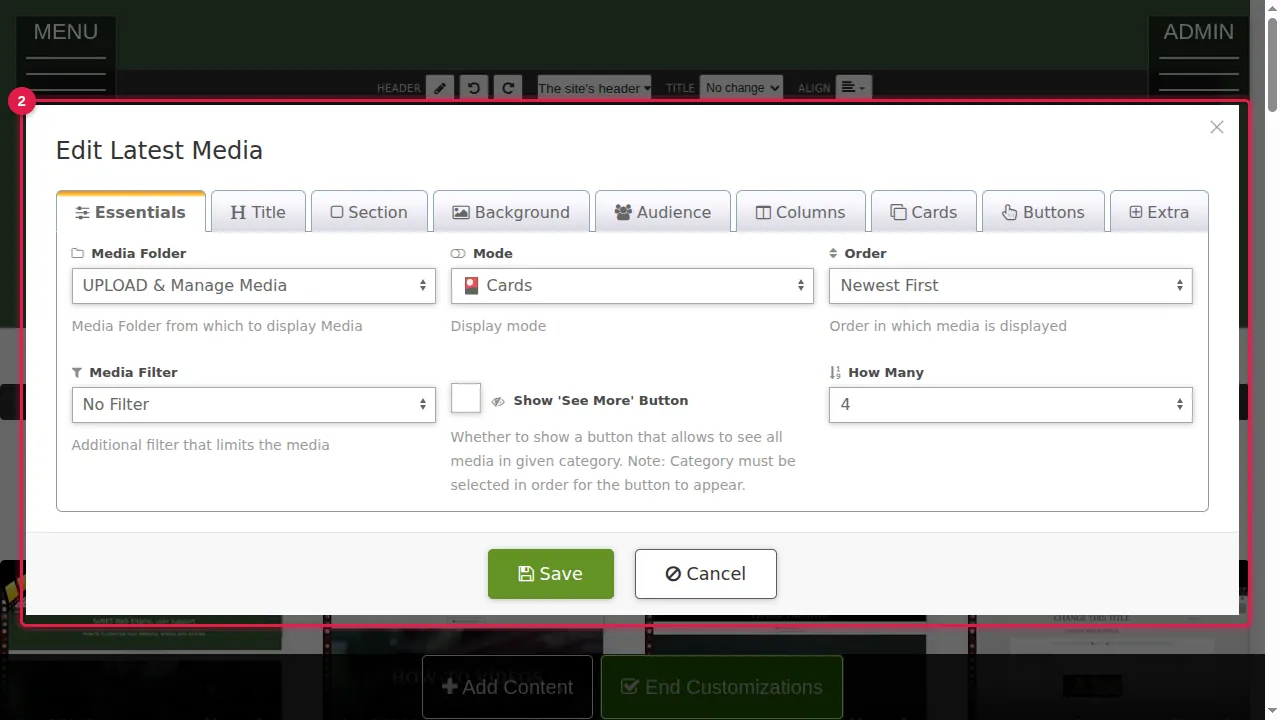 Step 2: Latest Media: choose the gallery folder, how to show it (Gallery - Grid, Gallery - Horizontal, Cards, Side Promotion, Services, Team, Testimonials, Tiles or Article Preview), the order (Newest First, Oldest First), a filter (for example only rated or commented pictures) and how many to show. The Columns, Cards and Buttons tabs change the layout. In this example: the folder "UPLOAD & Manage Media" as 4 cards.