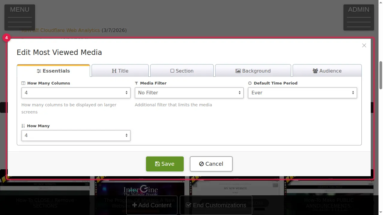 Step 4: Most Viewed Media: the pictures and videos seen most Today, Last Week, Last Month, Last Year or Ever, in up to 6 columns. In this example: Ever, 4.