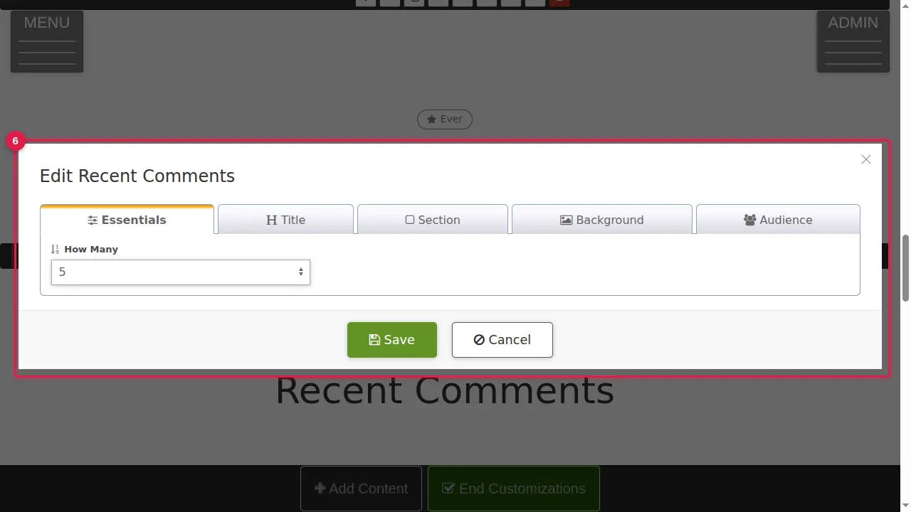 Step 6: Recent Comments: how many of the newest comments to list. In this example: 5.