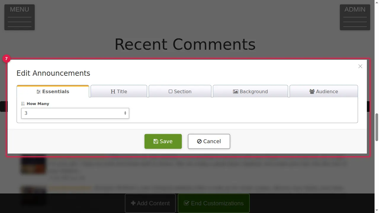 Step 7: Announcements: how many of the newest announcements to list. In this example: 3.