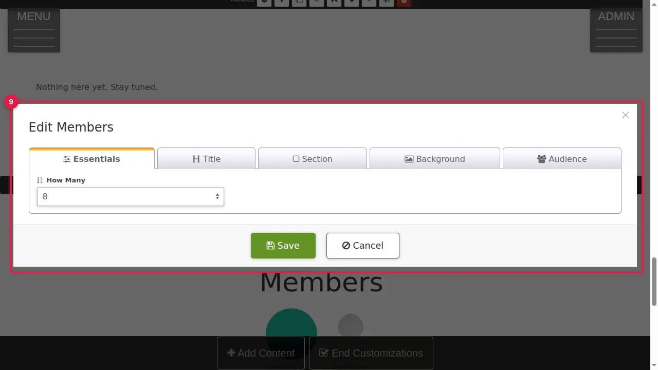 Step 9: Members: how many members to show. In this example: 8.