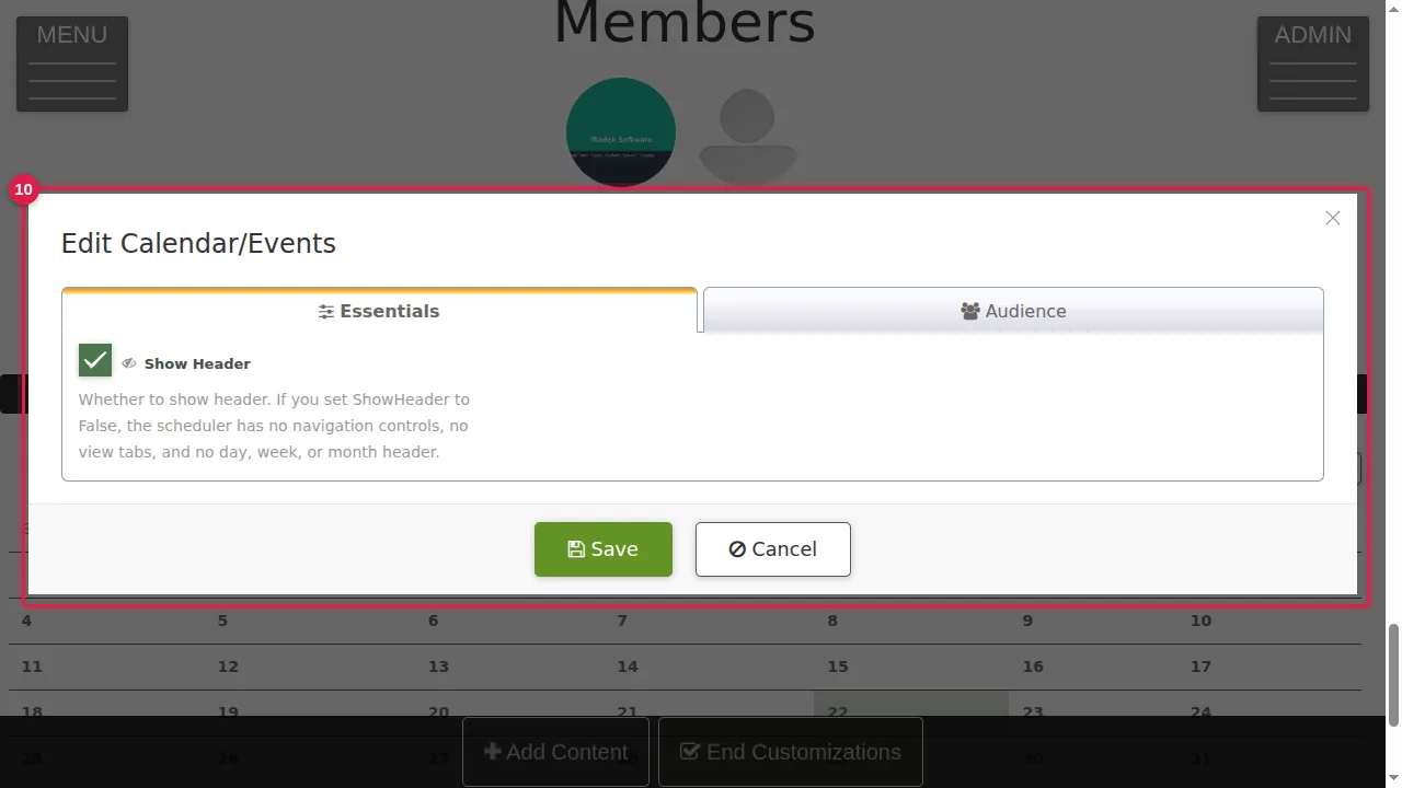 Step 10: Calendar/Events: a month calendar; choose whether it shows its header.