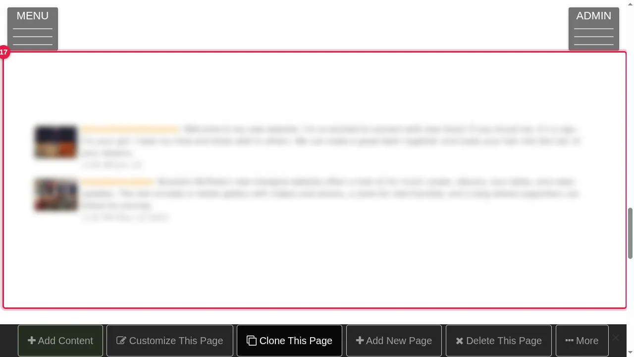 Step 17: Announcements: the newest announcements, each with a picture of its site (blurred here).