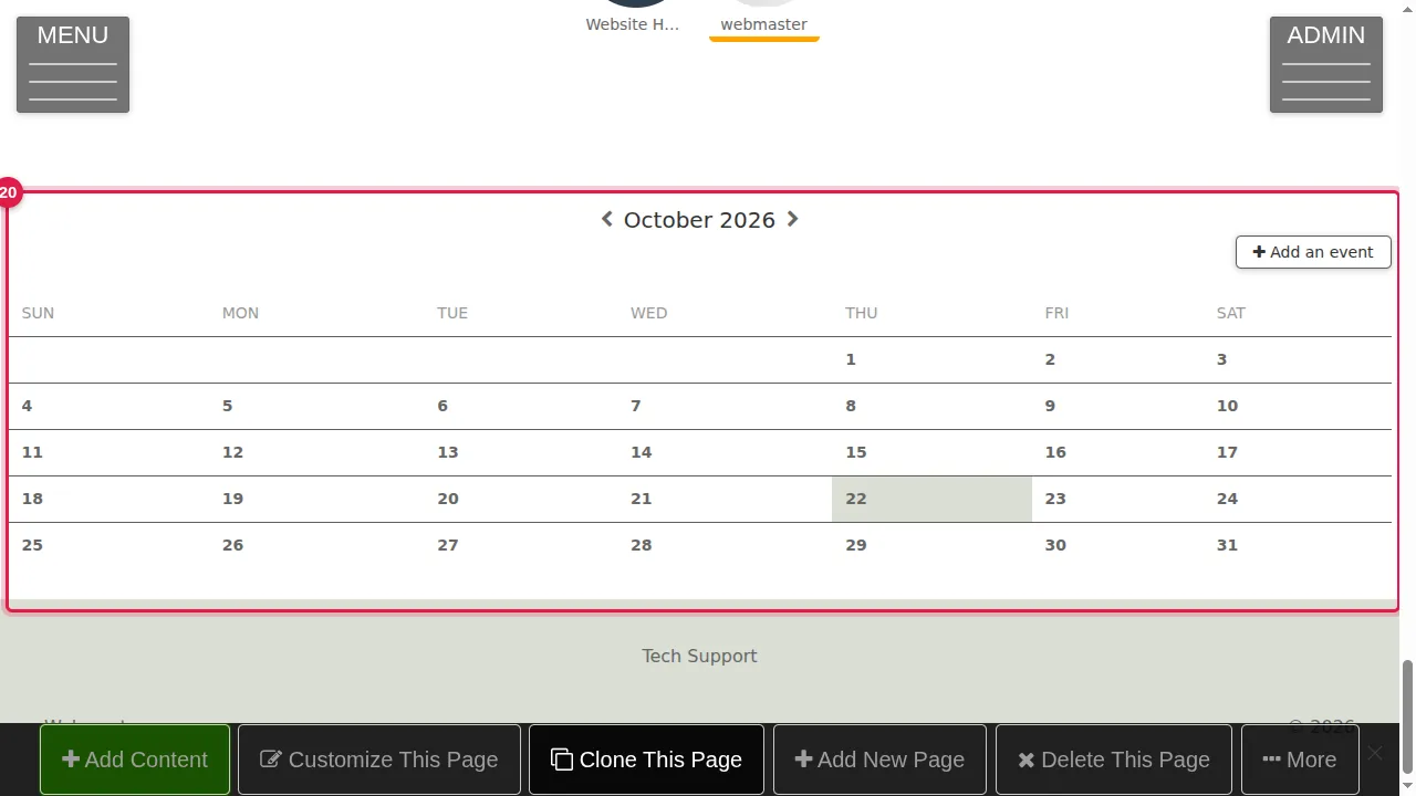 Step 20: Calendar/Events: the month with your events. You see Add an event; your visitors don't.