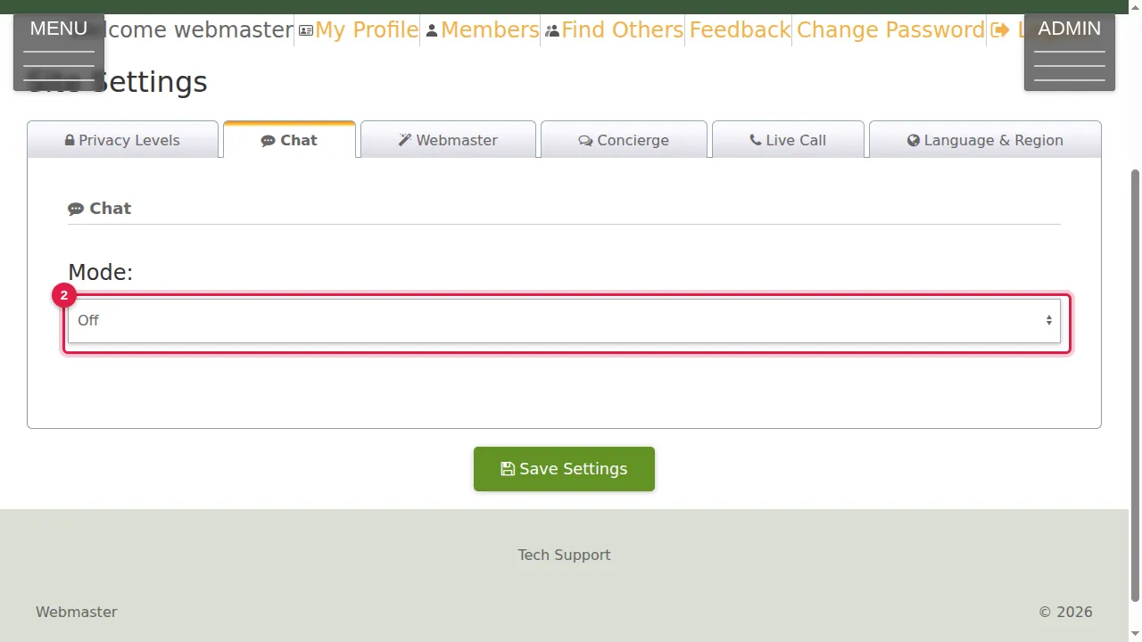 Step 2: Mode: On shows a chat button to your visitors; Off hides it. While it is Off, the other settings are hidden.