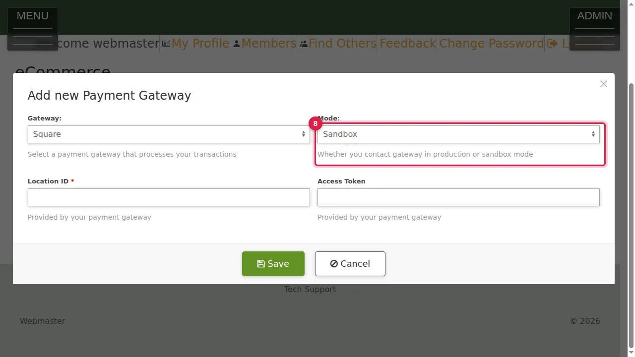 Step 8: Mode: Sandbox is for test payments with your service's test keys; Production takes real money.
