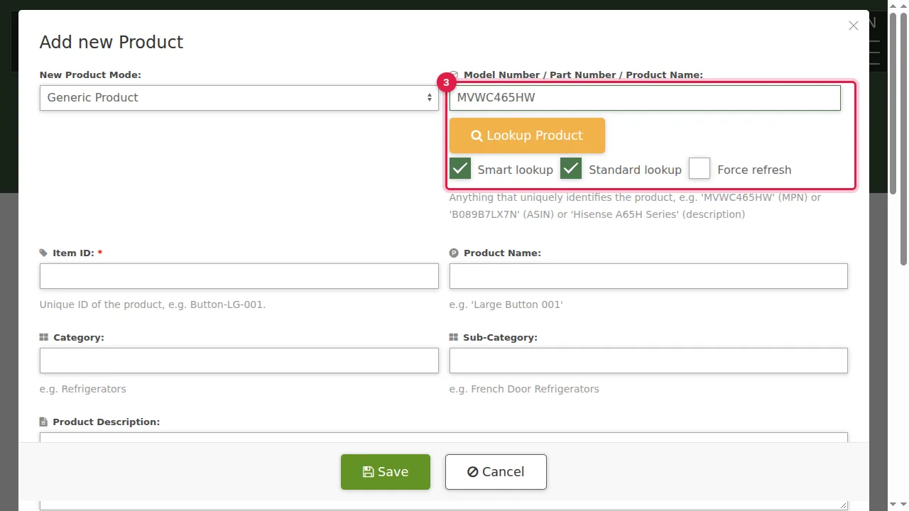 Step 3: Leave Smart lookup and Standard lookup ticked. Tick Force refresh only to look the product up again.