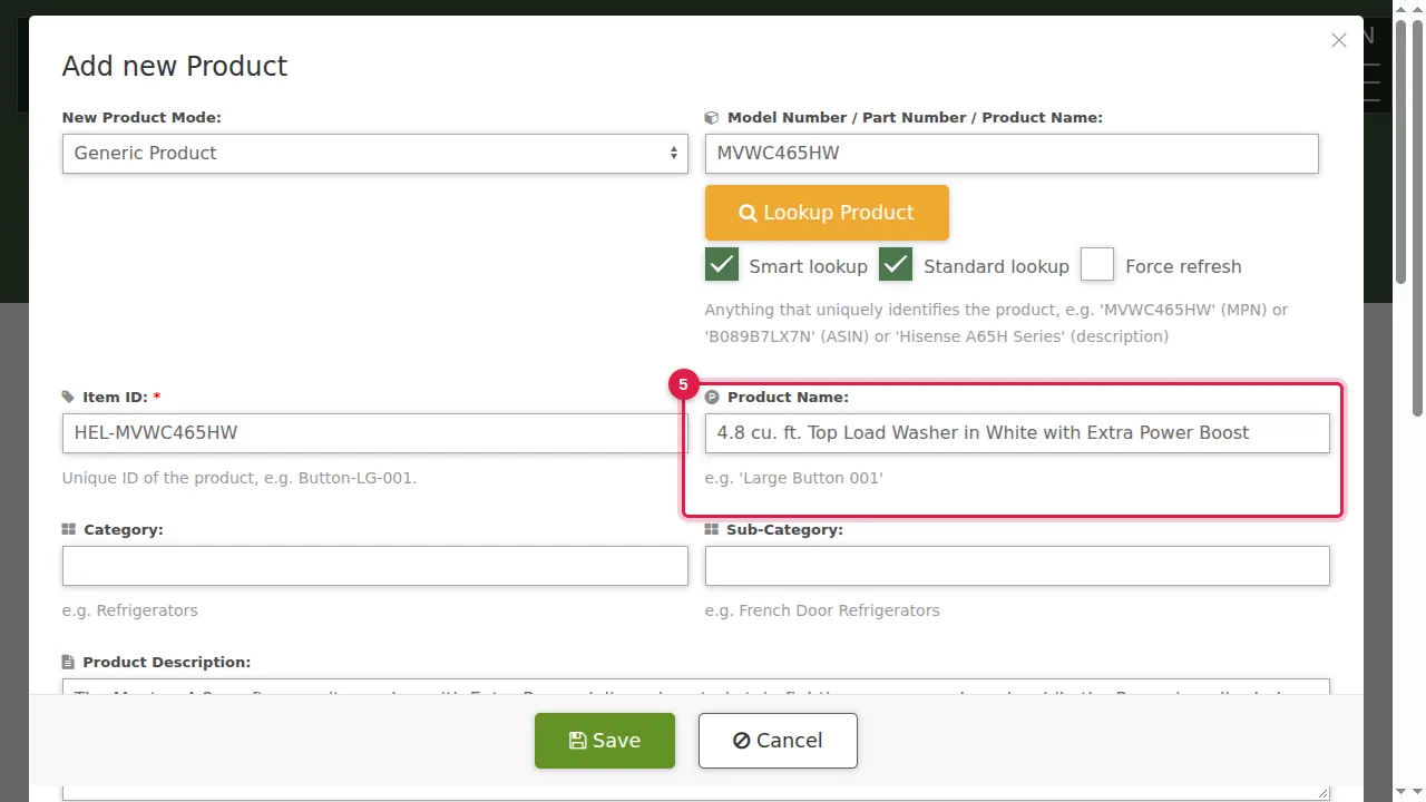 Step 5: Item ID, Product Name and the description are filled in for you.