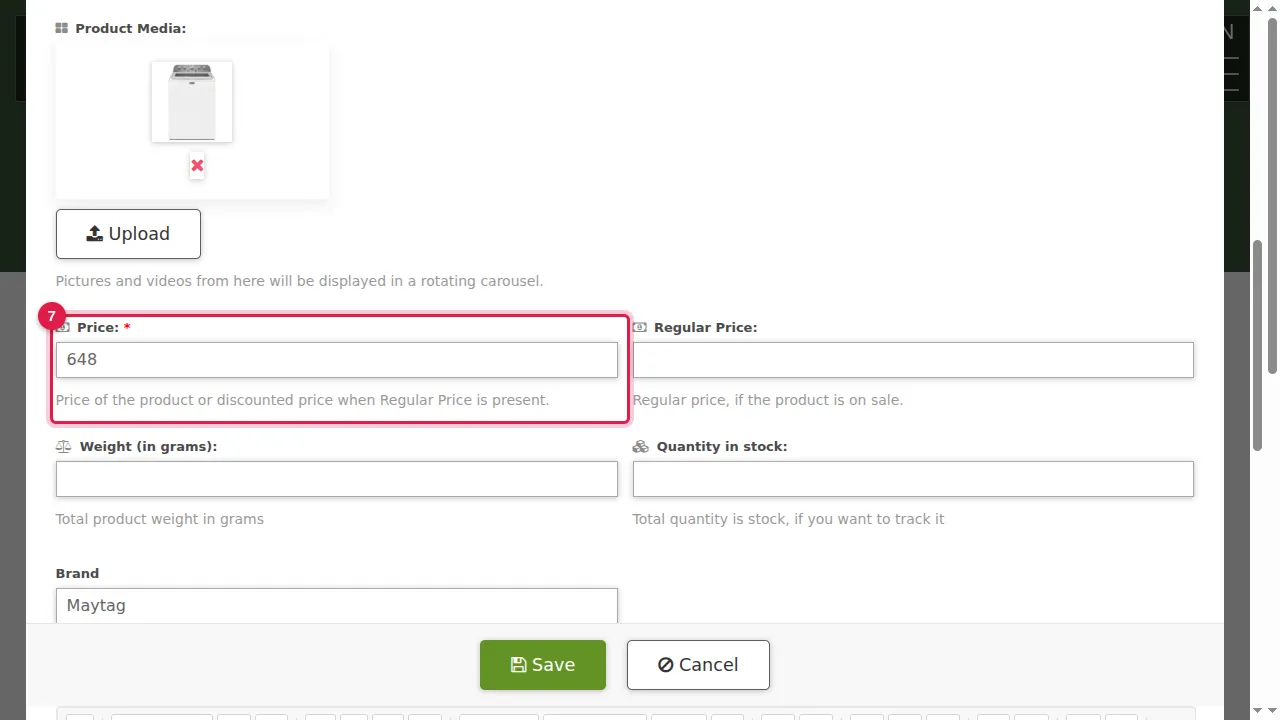 Step 7: A picture, a price, the brand and often more information (here the warranty) are added too. The price is only a suggestion: set your own. Price is required.